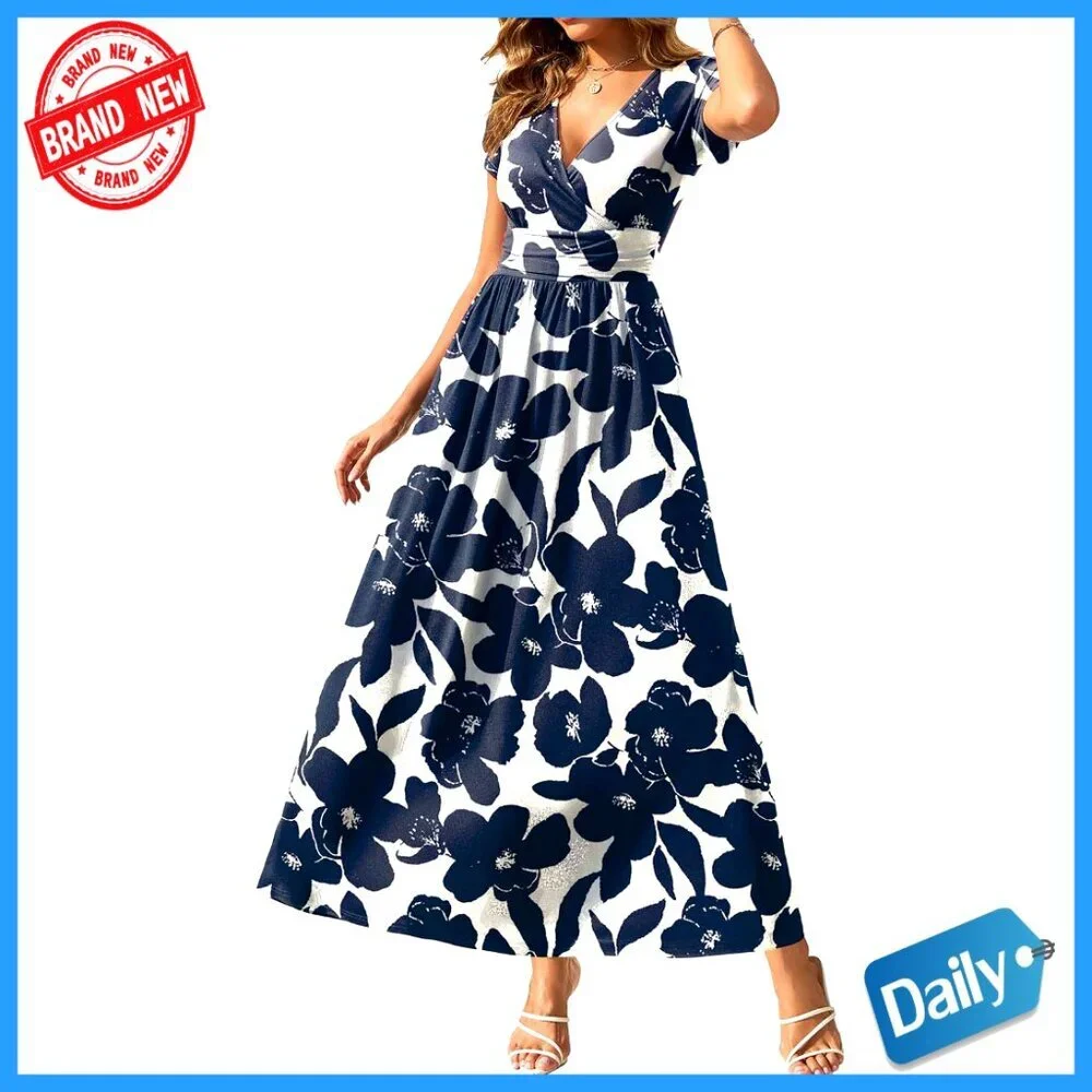 Summer Maxi Dress with Pockets V Neck Short Sleeve Flowy Casual Sundress - Picture 1 of 7